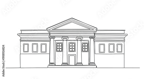 Front view of a classical building with columns, line art