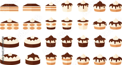 Chocolate and cream cake slices and cupcakes set featuring layered desserts, sweet bakery treats, and delicious pastry illustrations