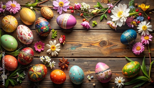 A festive holiday basket filled with colorful easter eggs and shiny gold baubles creates a vibrant seasonal celebration decor featuring red ornaments and festive gift objects for a new year