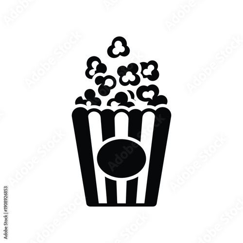 Black and white illustration of a popcorn box overflowing with popcorn, symbolizing cinema, entertainment, and snacks