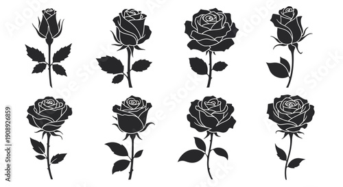 A collection of monochrome rose silhouettes showcasing varying bloom stages and elegant floral designs high quality professional detailed modern