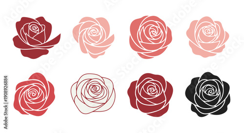 An array of eight stylized rose illustrations in varying shades of red pink and black tones high quality professional