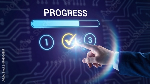 A hand in a business suit interacting with a digital progress bar on a futuristic interface