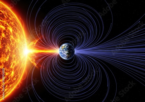 Earth's magnetosphere interacting with solar wind and sun's magnetic field in space