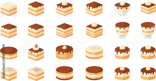 Tiramisu cake slices and creamy dessert set featuring layered coffee pastries, chocolate topping, and sweet bakery illustrations