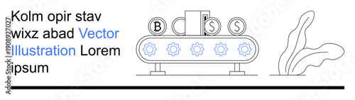 Cryptocurrency, blockchain technology, financial automation, modern economics, fintech innovation, monetary concepts. Conveyor with Bitcoin Dollar symbols. Cryptocurrency and blockchain technology