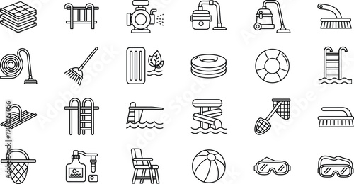 Swimming pool equipment and water activity line icons set featuring ladder, lifebuoy, goggles, cleaning tools, float, diving board, and pool accessories