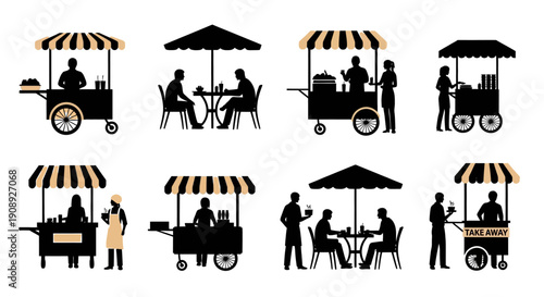 A collection of black silhouettes depicting various food vendors carts and customers in a bustling market scene high quality