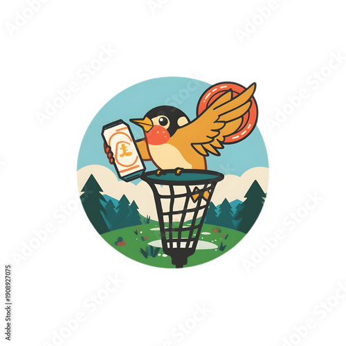 Disc golf logo with a small bird holding a can, flying in the park
