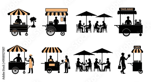 A collection of stylized black and orange food vendor carts tables and people in a minimalist design high quality