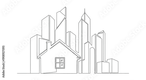 Single house in front of a cluster of skyscrapers, line art
