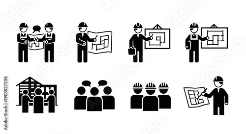 Construction and Architecture Icon Set. Engineers, Architects, and Workers reviewing Blueprints, Planning Meetings, Building Teamwork Pictograms.