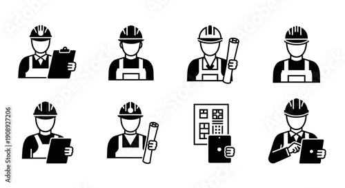 Construction Engineer Avatar Icons Set. Architect, Builder, Foreman, and Inspector Glyph Profile Graphics in Hard Hat.