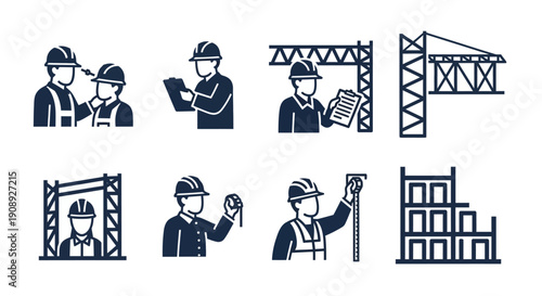 Construction and Engineering Icon Set. Foreman, Builder, Worker, Crane, Scaffolding, and Measurement Pictograms. Building Site Management Symbols.