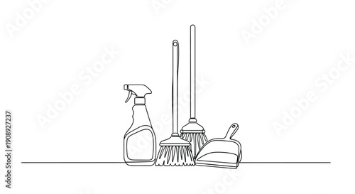 Cleaning Supplies: Spray Bottle, Brooms, and Dustpan Line Art