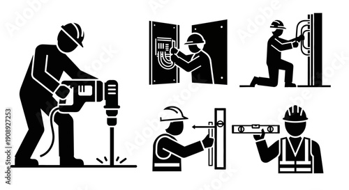 Tradesmen Icon Set: Construction, Electrician, Plumber, and Builder Silhouettes. Manual Labor, Repair, and Maintenance Glyph Vector Collection.