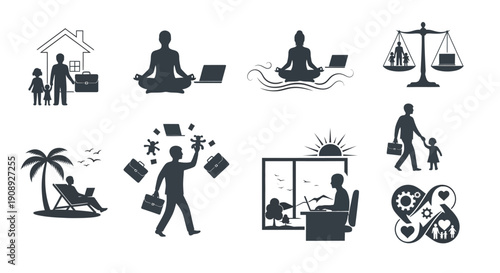A collection of black silhouette icons depicting work life balance themes such as family career and leisure high quality professional