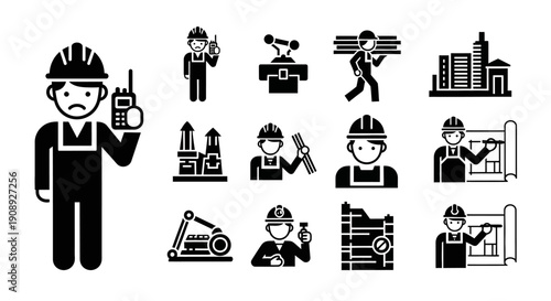 Construction, Engineering, and Architecture Vector Icons Set. Labor, Industry, and Manufacturing Job Pictograms Collection.