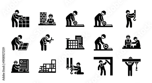 Construction Worker Icons: Building, Masonry, Carpentry, Tiling, Welding, and Engineering Pictograms Set. Flat Industrial Labor Silhouettes Vector.