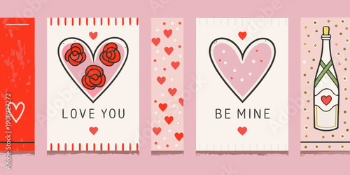 Four valentine s day themed cards with hearts roses and champagne