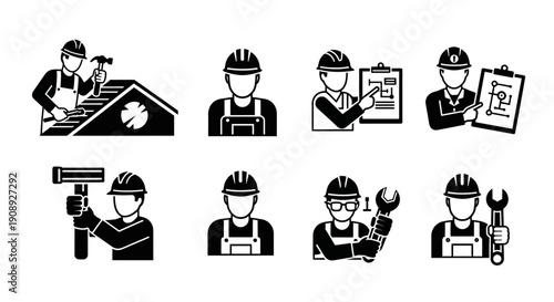 Professional Construction Worker Icons Set. Tradesman, Builder, Engineer, and Repairman Glyph Silhouettes for Service and Manual Labor.
