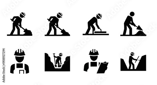Construction Worker and Laborer Icon Set. Black silhouettes depicting manual work, digging, building, and engineering roles.