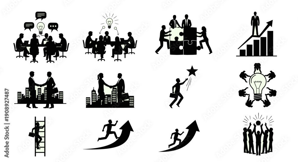 Fototapeta premium A collection of monochrome icons depicting business concepts teamwork success and strategic growth high quality professional detailed modern elegant