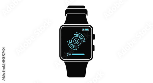 A sleek black smartwatch displays a vibrant stylized digital interface with a circular glowing design element high quality professional