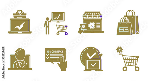 A collection of golden icons representing various aspects of online business retail and e commerce services high quality professional detailed