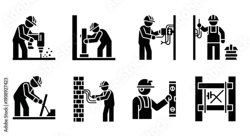 Building and Repair Work Icons: Silhouettes of Electricians, Builders, Plumbers, and Handymen Tasks, representing various professional trade occupations.