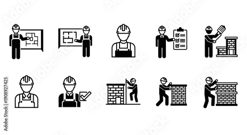 Construction Worker and Engineer Icon Set. Building, Architecture, and Labor Vector Glyphs. Safety Helmet, Blueprint, Foreman, and Checkup Symbols.