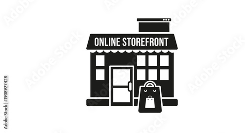 A minimalist black and white illustration depicts an online storefront with a shopping bag symbolizing e commerce high quality professional detailed modern