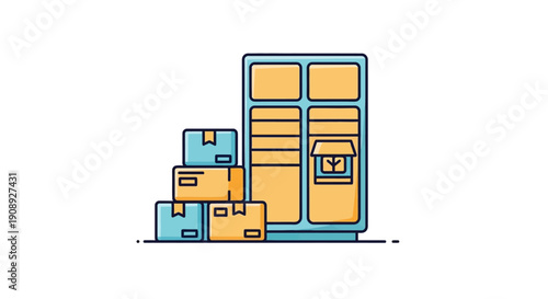 A minimalist illustration depicts stacked cardboard boxes alongside a blue shelving unit suggesting storage or delivery high quality professional