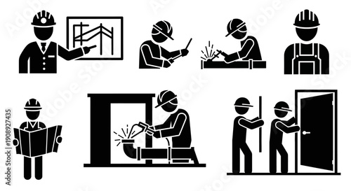 Construction Workers and Engineers Icon Set. Manufacturing, Welding, Installation, and Architectural Planning Pictograms.