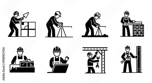 Construction Workers Icons Set. Building and Engineering Tradesmen Pictogram Glyph Collection representing various skilled labor professions.