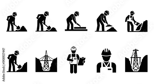Construction and Engineering Pictogram Set. Industrial Labor Icons: Digging, Building, Mining, and Supervising Workers in Hard Hats.