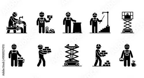 Construction Worker Icons Set. Industrial Laborer Pictograms, including Plumbing, Masonry, Scissor Lift, and Maintenance Jobs.