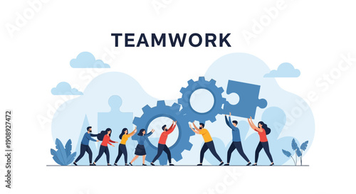 A colorful illustration depicts a team of people collaboratively working together to fit puzzle pieces into gears high quality