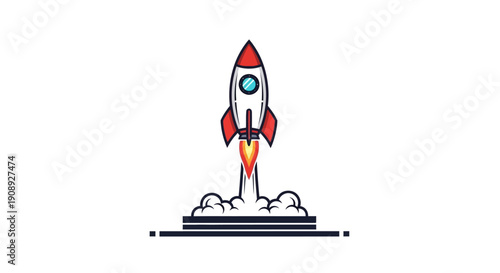 A vibrant stylized illustration of a red and white rocket launching with intense flames and billowing smoke high quality