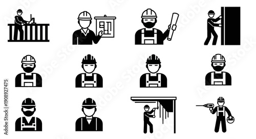 Construction Workers, Builders, and Engineers Icon Set. People in Hard Hats and Safety Gear Pictograms for Industry, Trade, and Home Renovation.