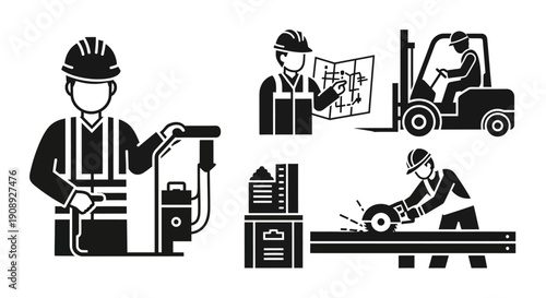 Industrial Construction Worker Icons Set: Engineer, Forklift Operator, Sawing, and Blueprint Planning Silhouettes