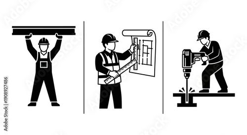 Construction Industry Icons: Building process, skilled labor, engineering, planning, drilling, and structural work glyphs set.