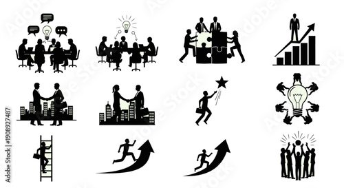 A collection of monochrome icons depicting business concepts teamwork success and strategic growth high quality professional detailed modern elegant