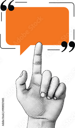 Hand pointing upwards with finger extended towards an orange speech bubble with quotation marks