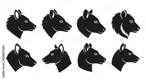 A collection of monochrome equine head illustrations depicting various angles and poses of donkey or mule profiles high quality