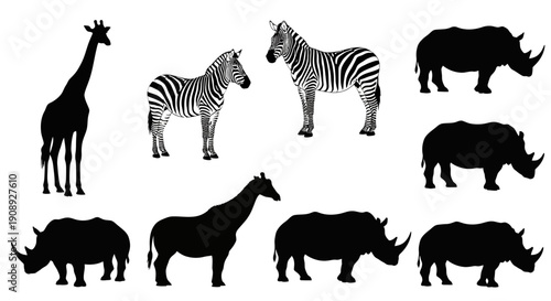Silhouettes of african wildlife including giraffes zebras and rhinoceroses are displayed in a graphic arrangement high quality professional detailed