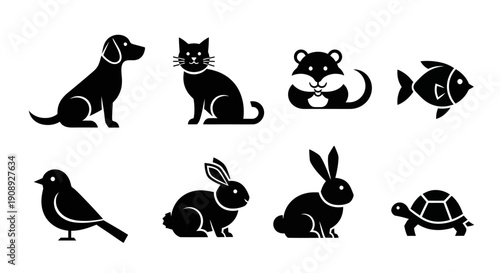 A collection of stylized black silhouettes depicting common household and outdoor animals in a simple design high quality professional