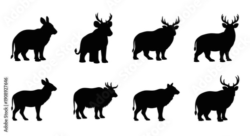 Silhouettes of deer and hares in various poses depicting wildlife and animal forms in stark contrast high quality professional