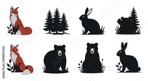 A collection of minimalist animal silhouettes including foxes bears rabbits and a forest scene displayed in a grid