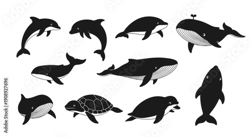 A collection of diverse marine life silhouettes including whales dolphins a turtle and a shark high quality professional detailed